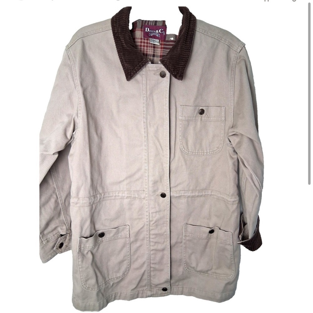 Denim And Co Barn Chore Jacket Coat Womens Small Corduroy Trim Plaid Lining